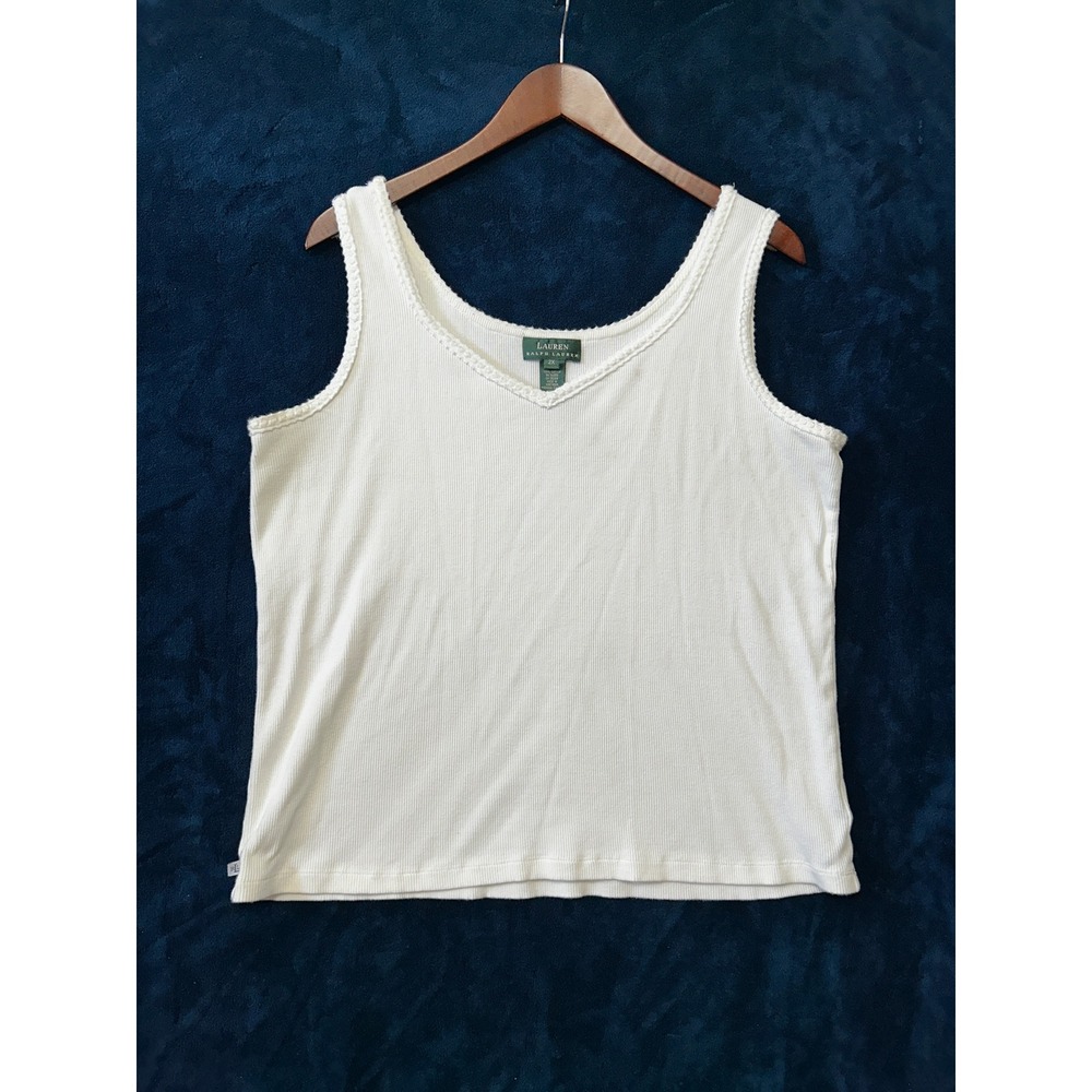 Lauren Ralph Lauren Womens V-Neck Tank Top Size 2X Ribbed White Cotton Crochet